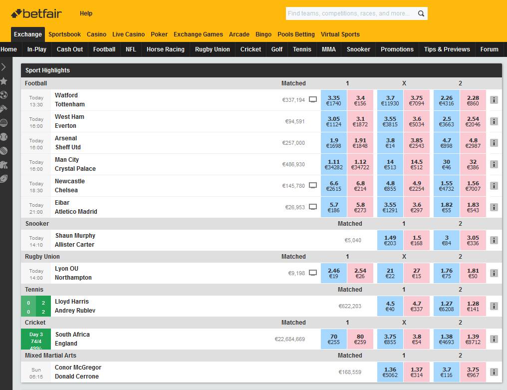 Všetky športy na platforme Back and Lay